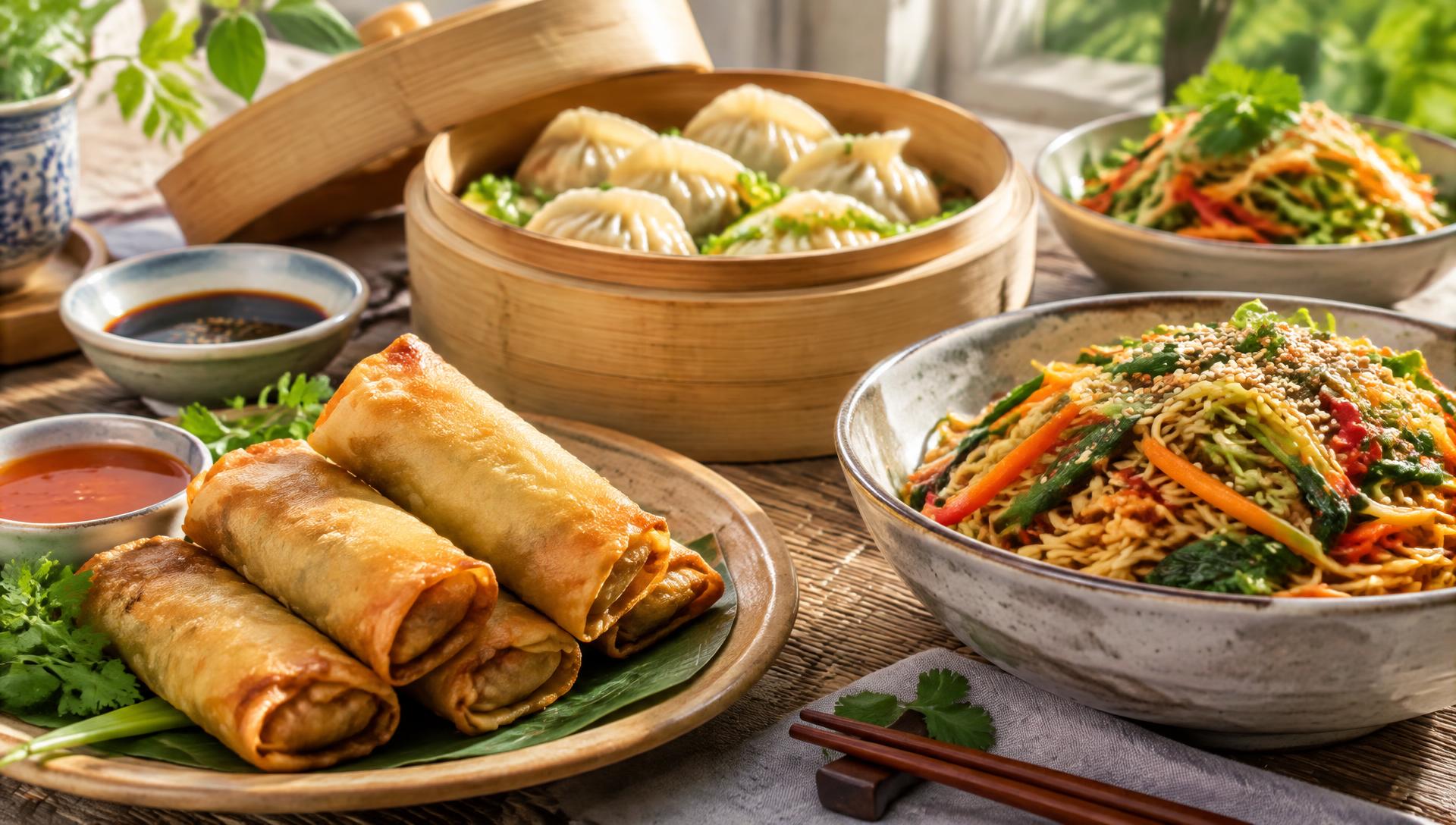 Golden spring rolls, dumplings and vegetable noodles