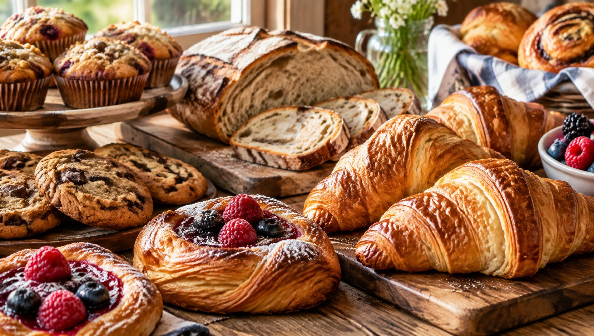 Flaky croissants, berry pastries, cookies and fresh bread