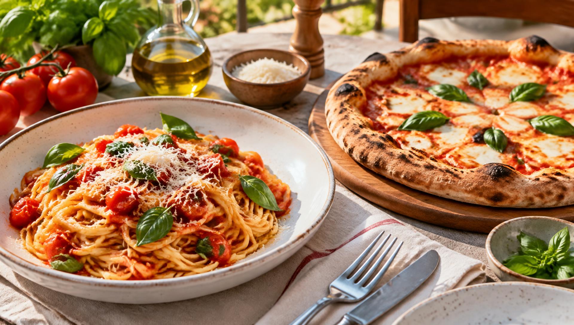 Tomato basil pasta and freshly baked margherita pizza