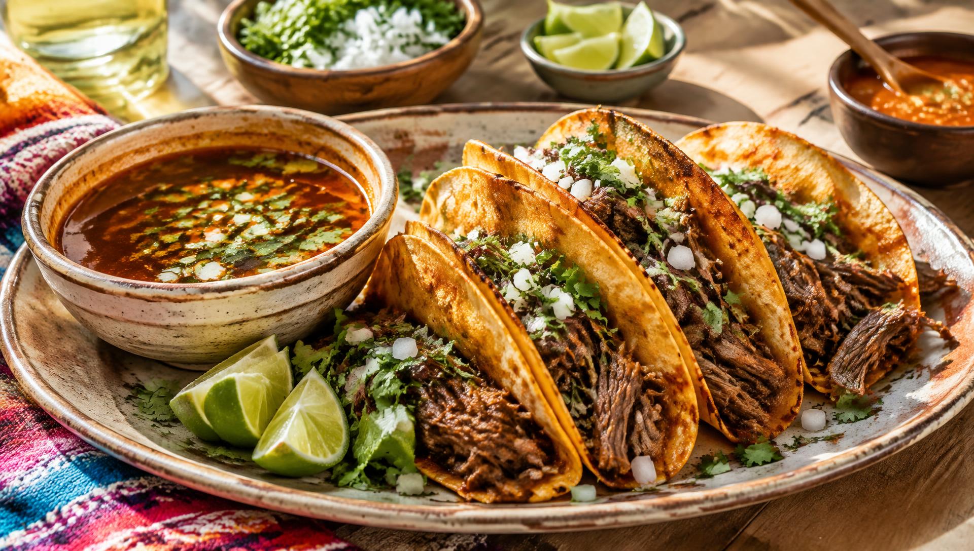 Birria tacos with fresh cilantro, lime and consommé